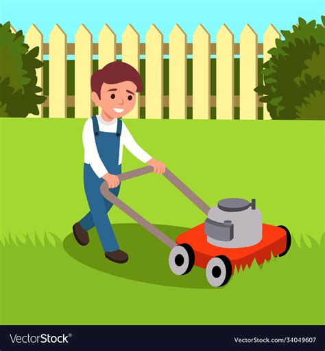 Boy Cutting Grass With Lawn Mower Royalty Free Vector Image