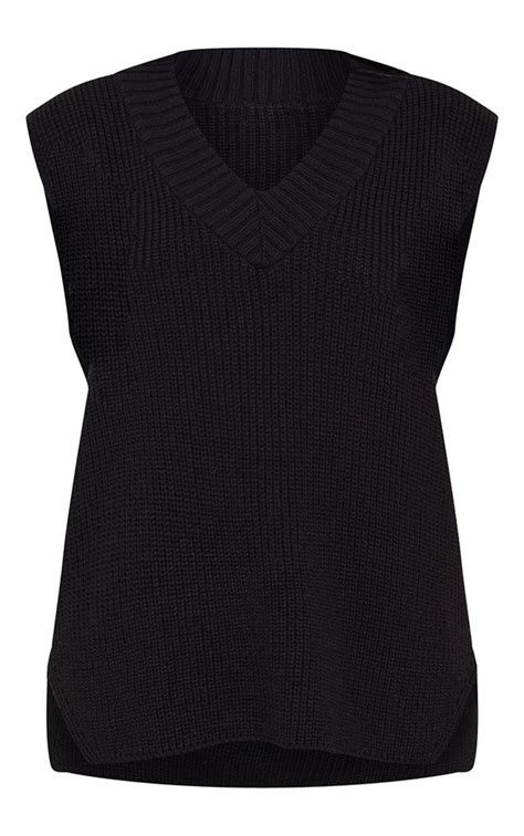 black v neck knitted side split vest prettylittlething