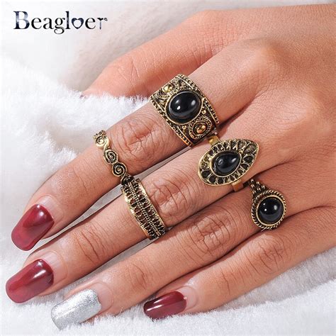 Beagloer New Vintage Turkish Ring Sets Antique Stone Midi Finger Rings