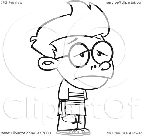 Clipart Of A Cartoon Black And White Sad Outsider Nerdy