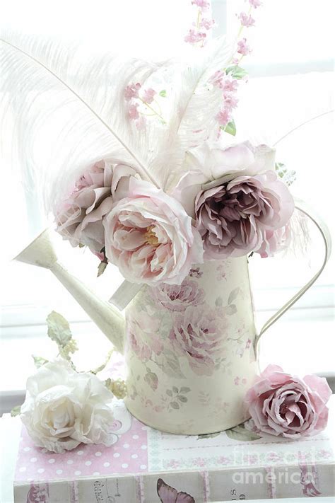 Pastel Romantic Shabby Chic Pink Flowers In Watering Can Romantic