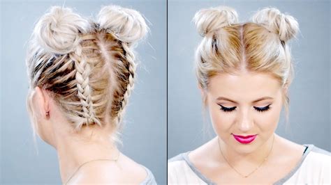 To recreate this look, part your hair down the middle and create a dutch braid on each side of the part. Double Braided Space Buns On Short Hair | Milabu | Short ...