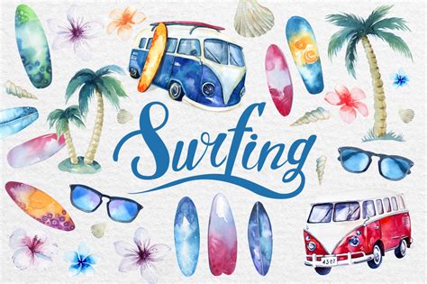 watercolor surfing digital clip art collection individual etsy