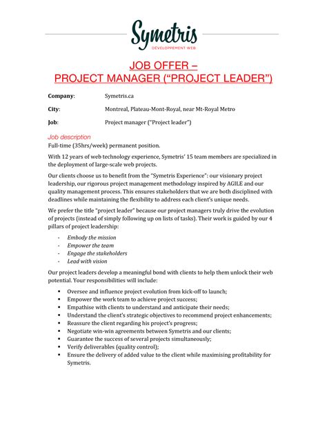 Project Manager Job Offer Templates At
