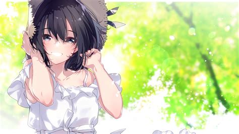Download 1920x1080 Anime Girl White Dress Summer Straw