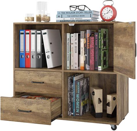 Mobile Lateral File Cabinet Wood Bookcase With 2 Drawers 3 Storage