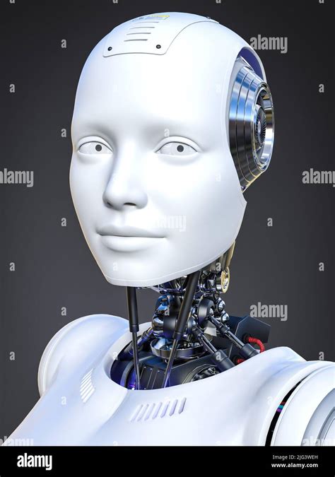 3d Rendering Head Portrait Of An Android Robot Woman Front View Dark