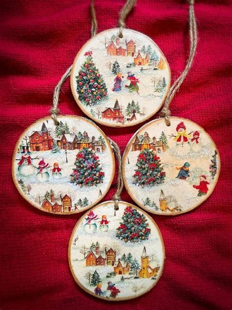 Winter Wonderland Decoupage Wood Ornaments Etsy Painted Christmas