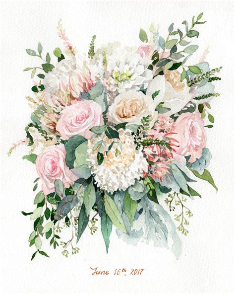 Original Custom Bridal Bouquet Painting In Watercolor Wedding