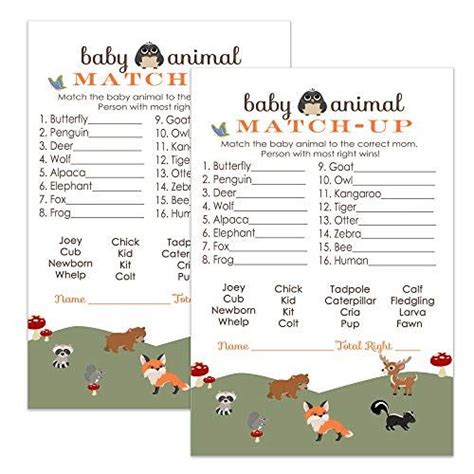 Woodland Baby Animal Matching Baby Shower Game Cards 25 Pack Rustic