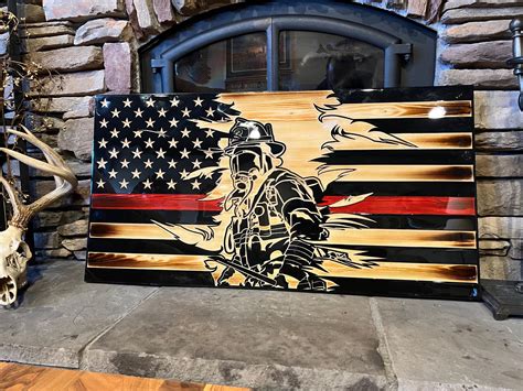 Thin Red Line Firefighter Torn Flag Liberty Wood Design