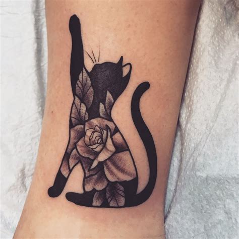 Cat Silhouette Tattoo With Flowers Patrick Sells