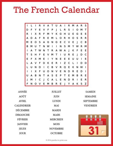 French Calendar Word Search Puzzle Worksheet Activity Le Calendrier