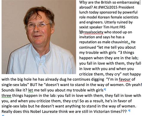 Tim Hunt Apologises For Comments On His Trouble With Female