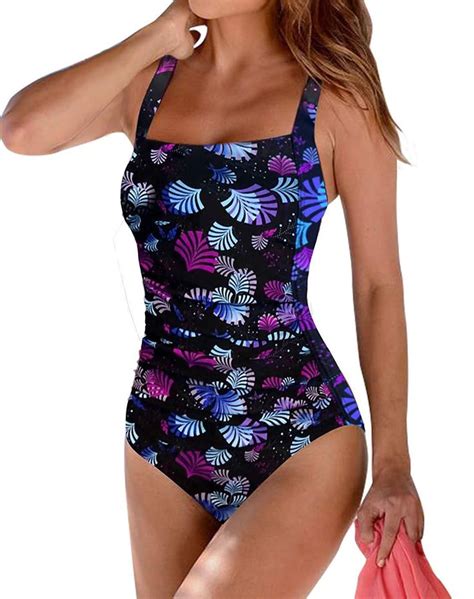 Upopby Womens Vintage Padded Push Up One Piece Swimsuits Tummy Control Bathing Suits Plus Size