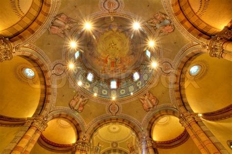 Catholic Church Dome Interior View With Fresco Painting In Alba Italy