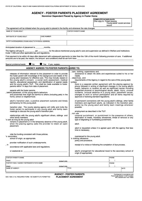 Fillable Form Soc 156a Agency Foster Parents Placement Agreement