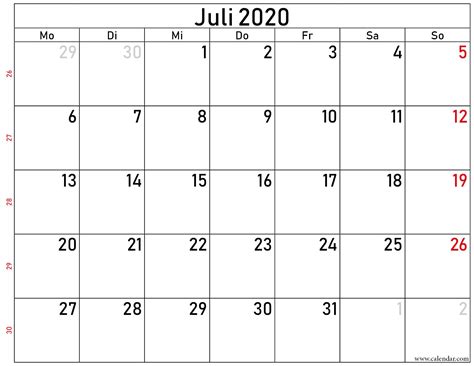 Juli 2020 Kalender Kostenlos Leer Und Druckbar Kalender Leerer