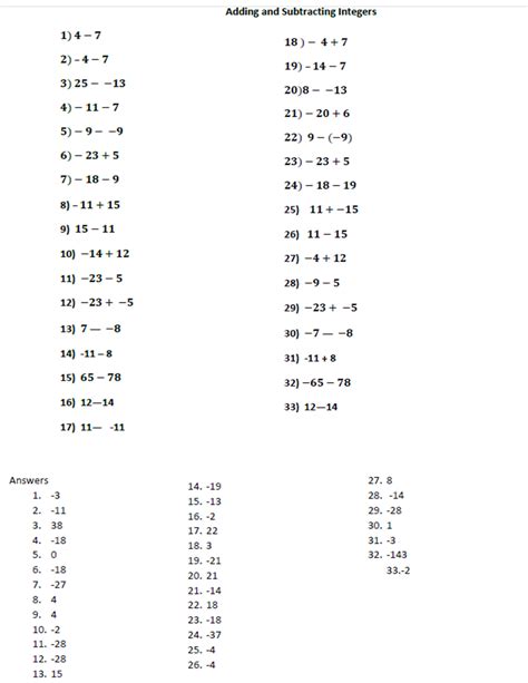 Adding And Subtracting Integers Worksheet With Answers