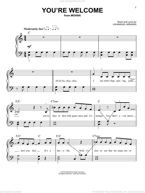 Miranda Youre Welcome From Moana Sheet Music For Piano Solo