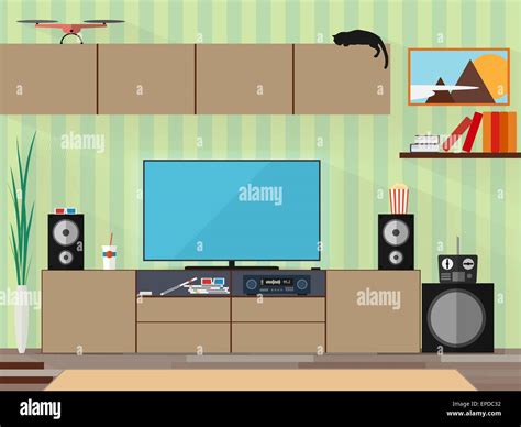 Living Room With Furniture And Long Shadows Flat Style Vector