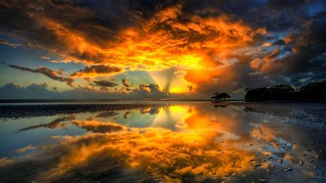 Sunset Nature Beach Shore Shockwave Skyscapes Reflections Wallpaper