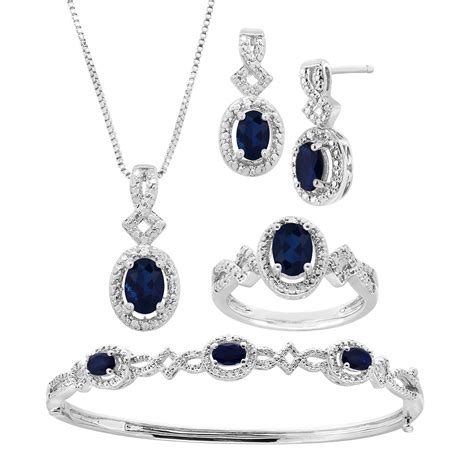 5 Ct Created Sapphire 4 Piece Jewelry Set With Diamonds In 14k Gold