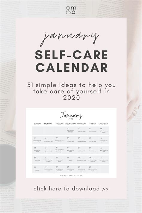 January 2020 Self Care Calendar Minimize And Organize In 2020 Care