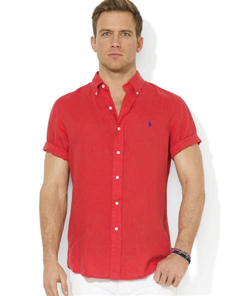 Ralph Lauren Polo Button Down Short Sleeve Sport Shirt In Red For Men