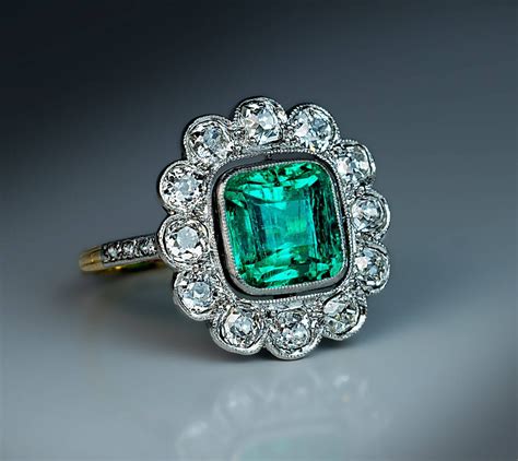 Antique Emerald Diamond Gold Platinum Cluster Ring At 1stdibs