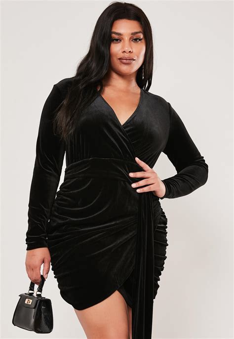 Plus Size Black Velvet Ruched Wrap Mini Dress | Missguided Australia