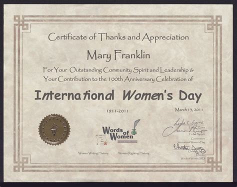 Certificate Of Thanks And Appreciation For Mary Franklin For