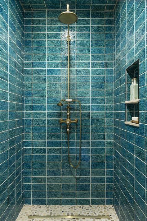 Speckled Blue Green Shower Tiles Give This Space Texture And Color Design By Mia Rao Design