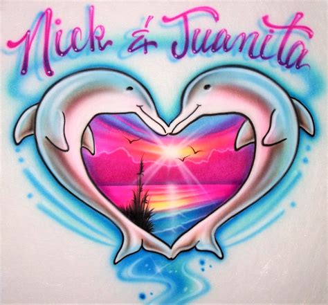 Airbrushed Double Name Dolphin Heart With Sunset Beach Scene Etsy