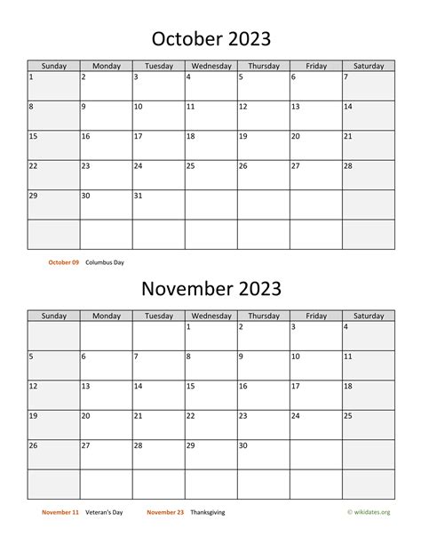 2023 Two Month Calendar Printable October And November 2023 Calendar