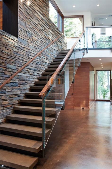 Indoor Decorate Wood Handrail Glass Railing Wooden Steps Staircase