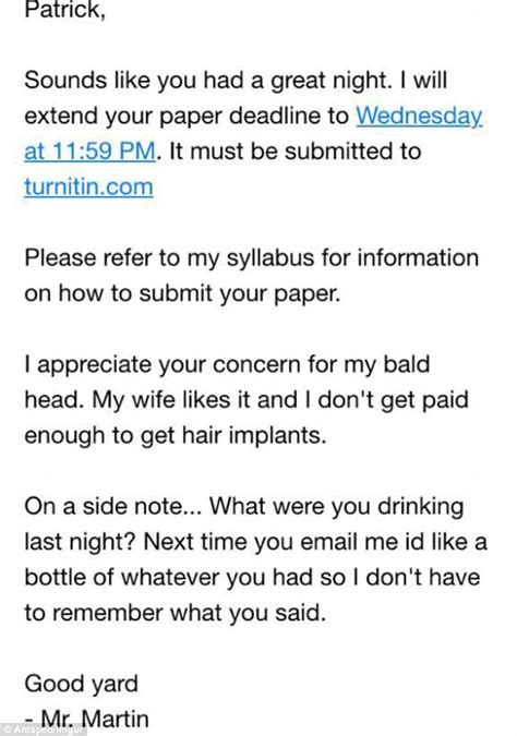 If you work for a company that distinguishes between sick days and. Student Patrick Davidson writes drunk email to 'bald ...