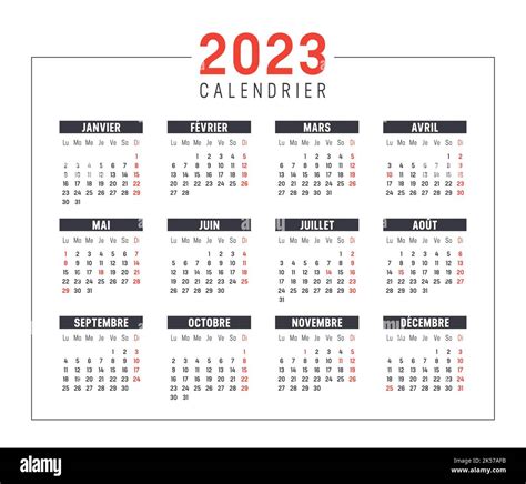 Calendario Del Año 2023 En Lengua Francesa Aislada Sobre Fondo Blanco