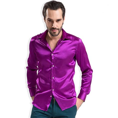 Mens Silk Shirt Long Sleeve High Quality Wedding Party Groom Purple