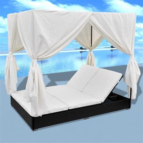 Rattan Double Sun Lounger Curtain Canopy Relax Bed Furniture Patio