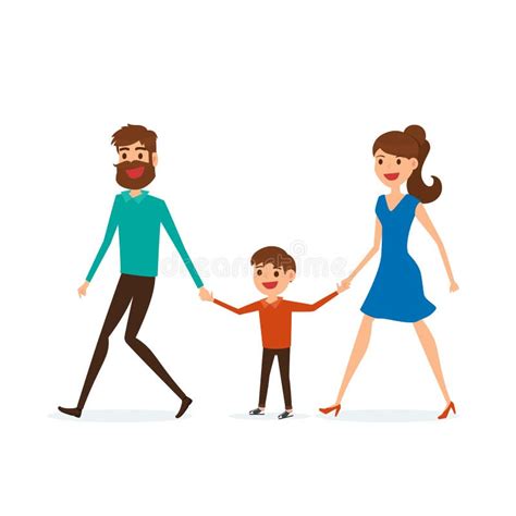 Happy Family Walking Together And Hold In Hand Father Mother And Son Flat Design Style Stock