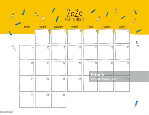 Kalender Dinding September 2020 Template Horizontal Sketsa