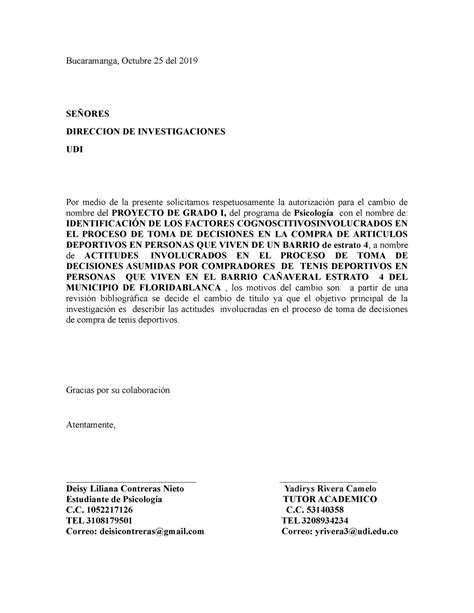 Carta Cambio De Titulo Estudio Bucaramanga Octubre 25 Del 2019