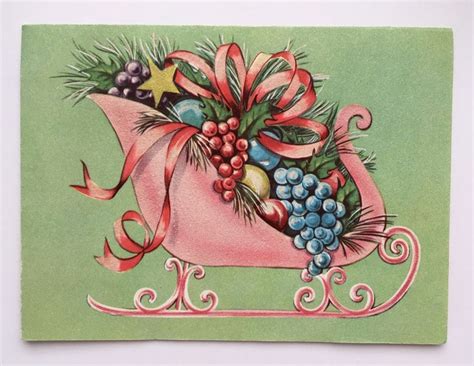 Unused Vintage Christmas Card Pink Sleigh Mint Green Berry Glitter Star