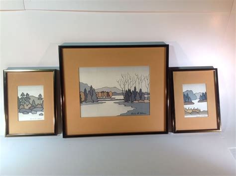 Vintage Set Of 3 Silk Screen Artwork Of Mountains And Lakeside By Louise