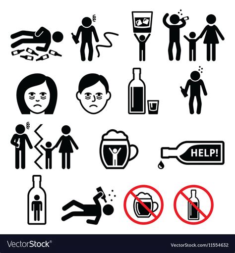 Alcoholism Drunk Man Alcohol Addiction Icons Vector Image