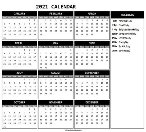 Printable Calendar 2021 Uk 2021 Yearly Calendar Template Yearly Calendar Template Printable