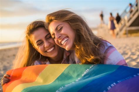 Feliz Pareja De Lesbianas Celebrando En La Playa En El Desfile Del Orgullo Lgbtq En Tel Aviv