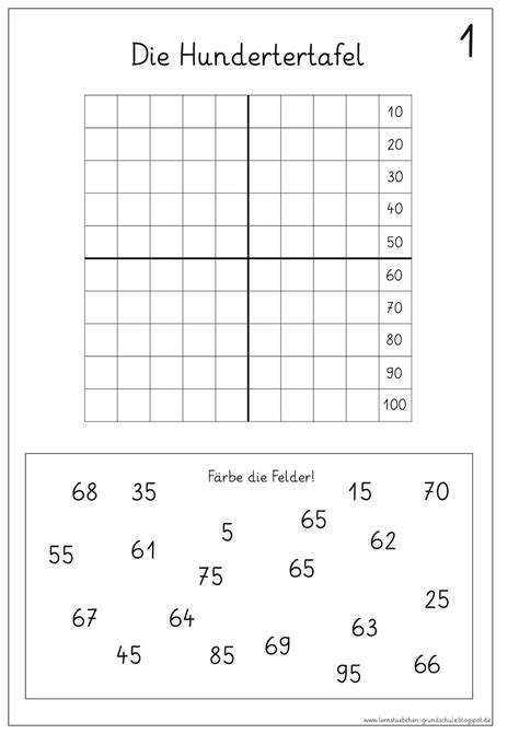 Lege eine zahlenlinie aus den 100 quadraten. Lernstübchen: Hundertertafel (5)