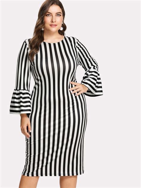 Shein Plus Vertical Striped Flounce Sleeve Dress Black And White Plus Size Dresses Sleeves